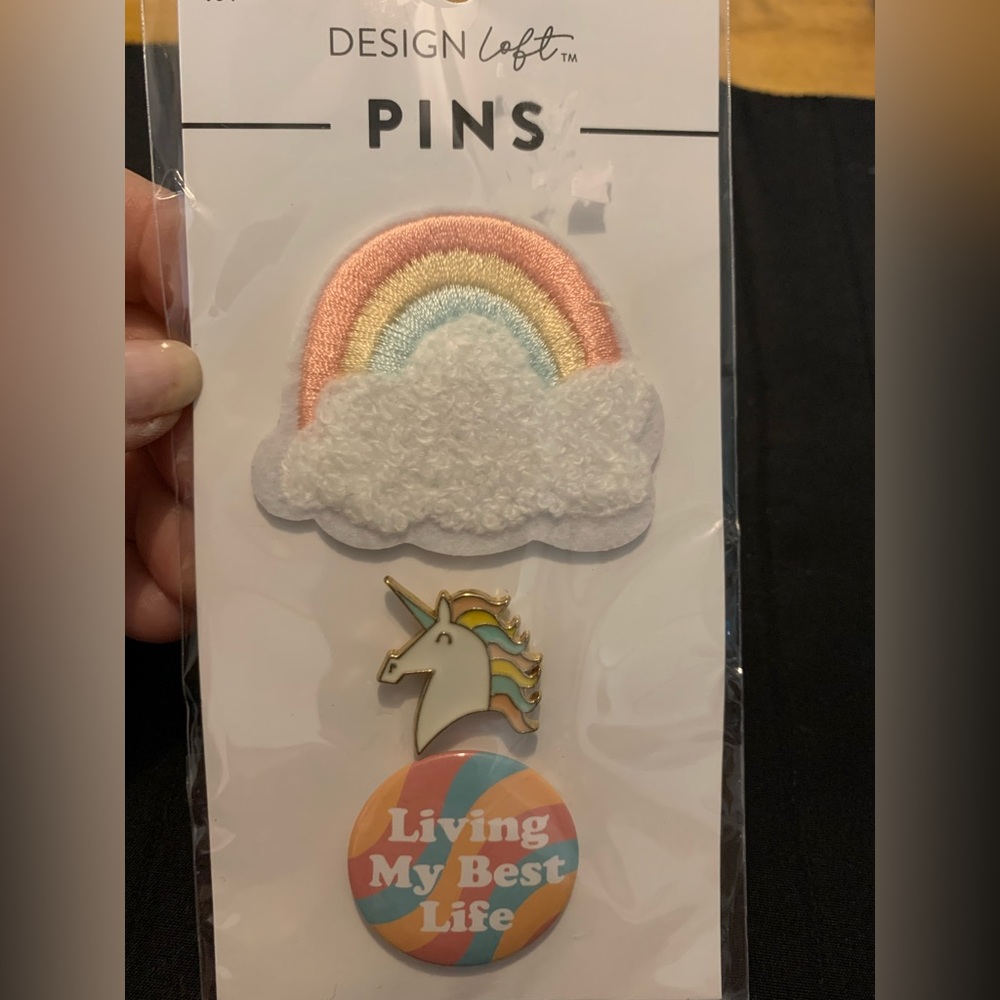 New Design Loft PINS Set of 3 Pastel Rainbow Embroidered, Unicorn & Best Life